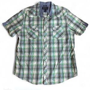 American Rag X-Large Plaid Western Shirt Green Gray Snap Front Pearl Buttons